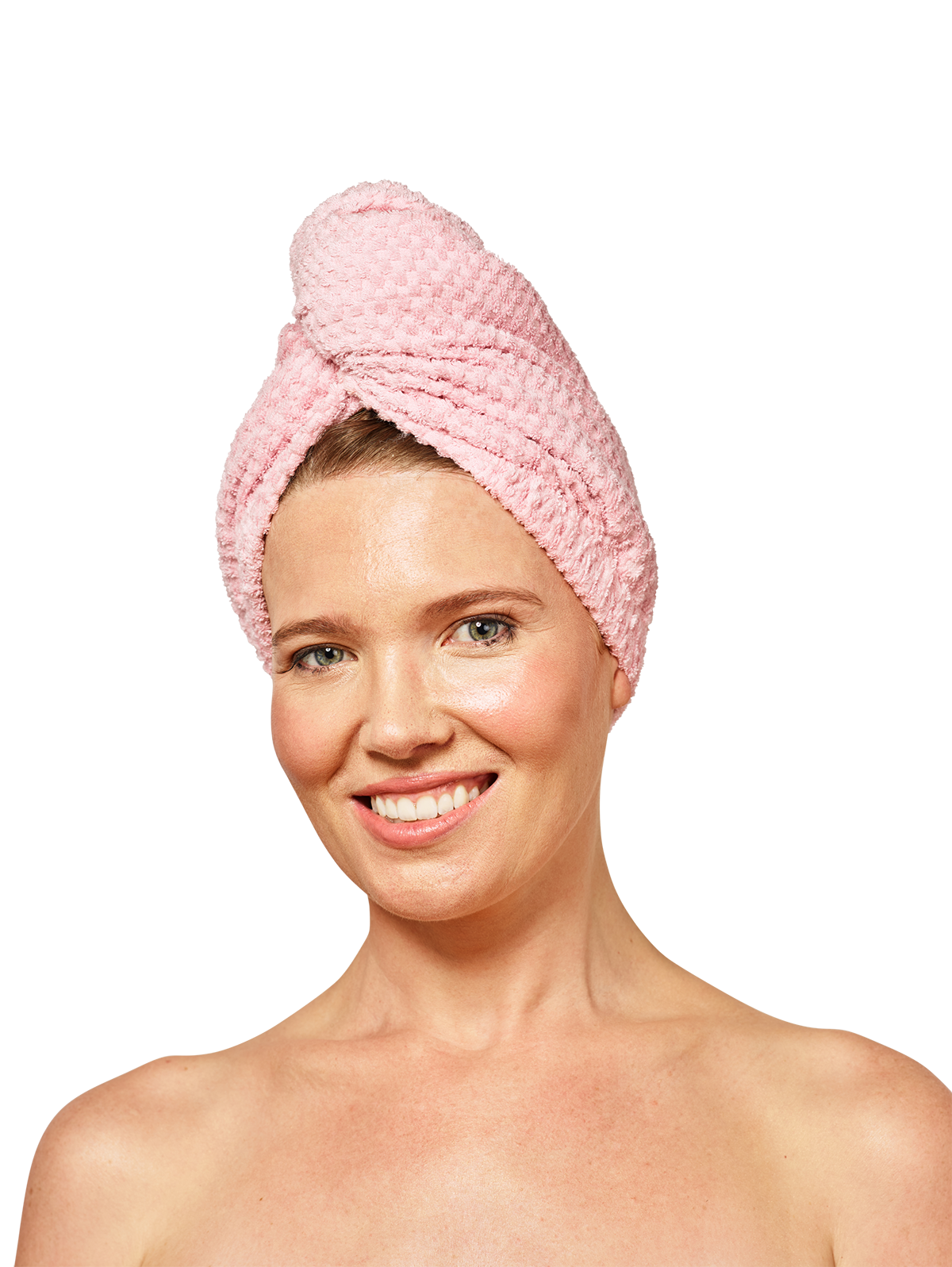 Woman wearing Musae Mane hair towel in pink parfait on a white background.