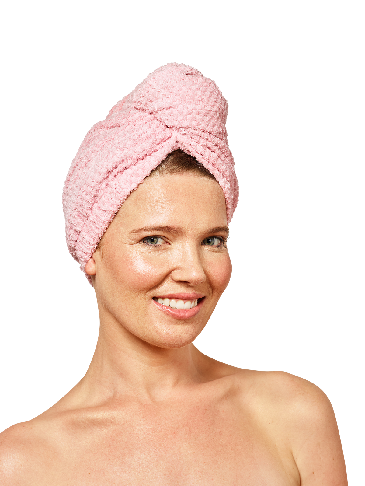 Woman wearing Musae Mane hair towel in pink parfait on a white background.