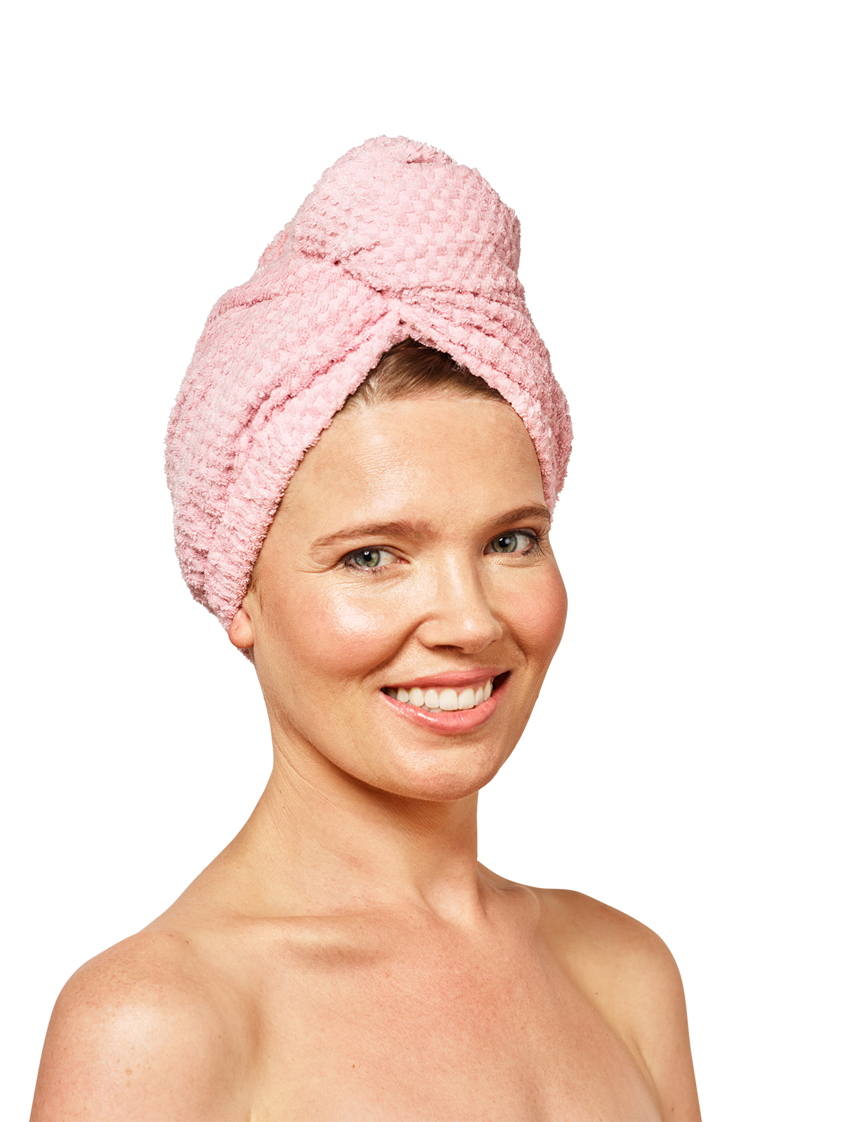 Woman wearing Musae Mane hair towel in pink parfait on a white background.