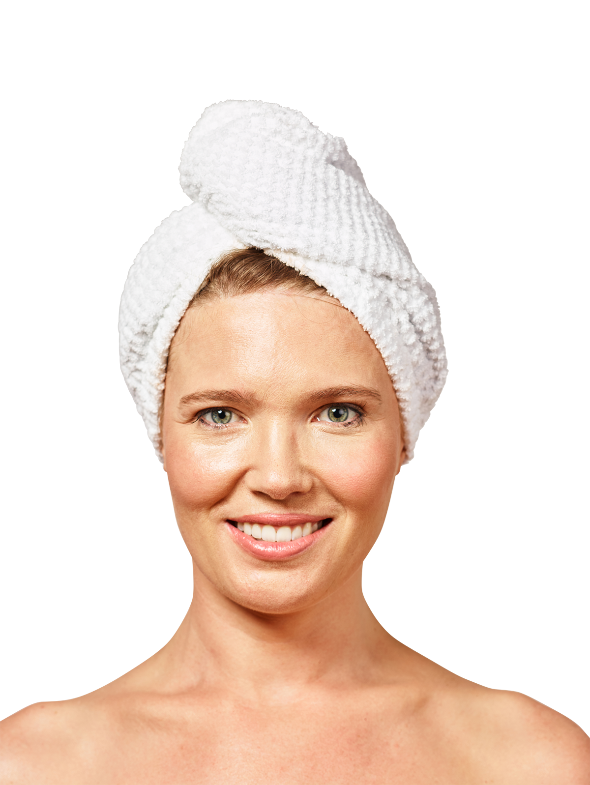 Woman wearing Musae Mane hair towel in textured pure white on a white background.