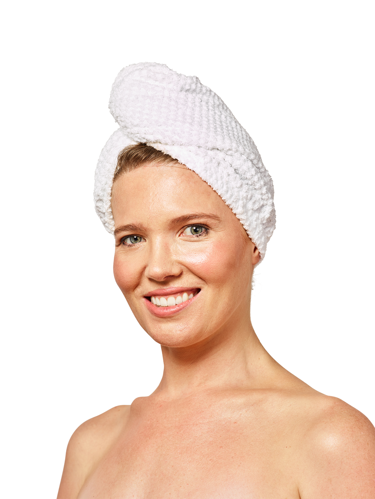 Woman wearing Musae Mane hair towel in textured pure white on a white background.
