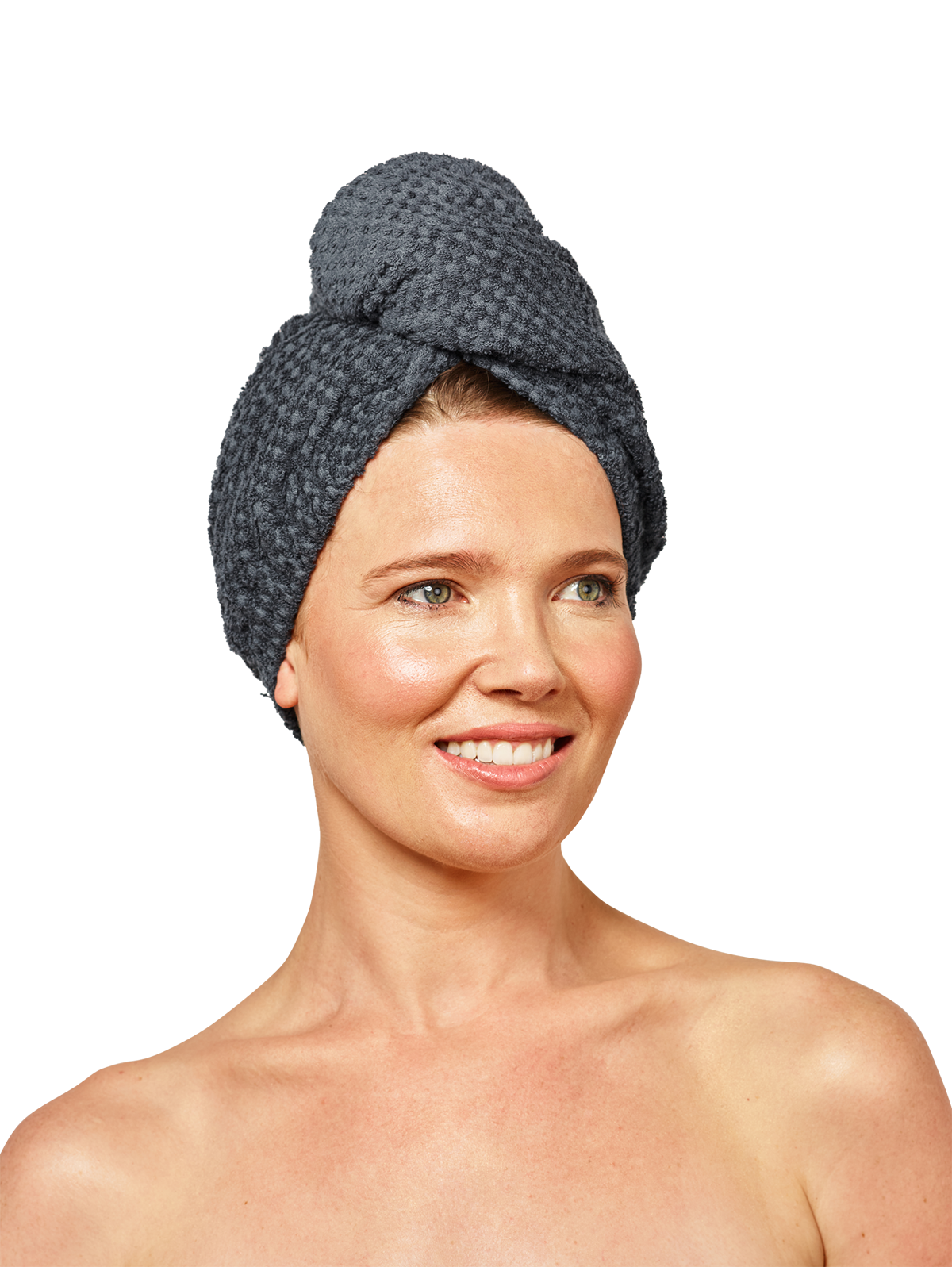 Woman wearing Musae Mane hair towel in grey stormy weather on a white background.