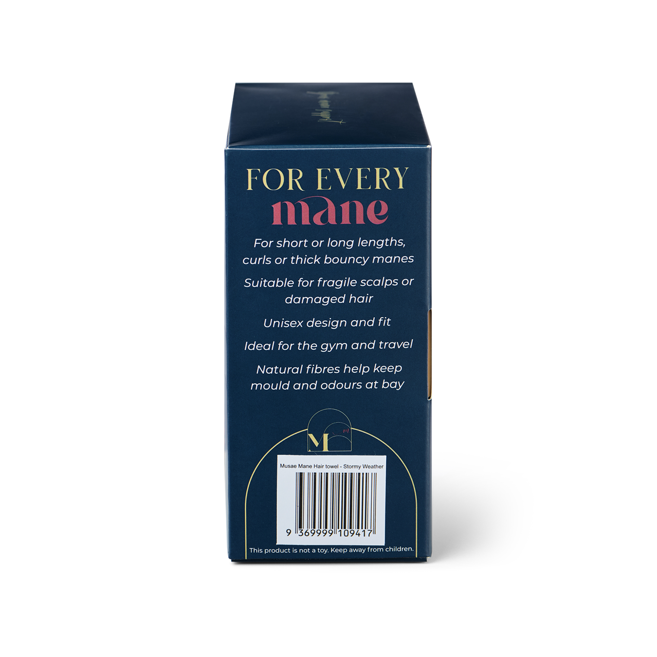 Musae Mane hair towel product packaging, right side with benefits and barcode on a white background