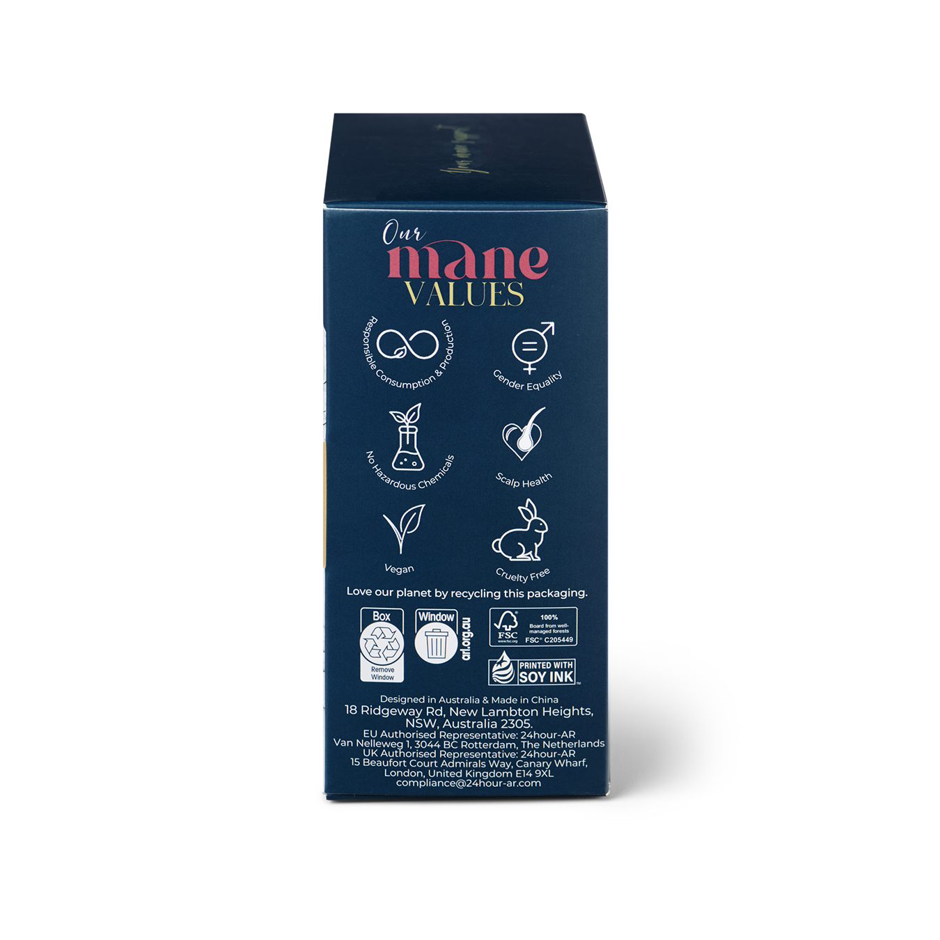Musae Mane Hair Towel packaging with 'Our Mane Values' branding and sustainability icons on a white background
