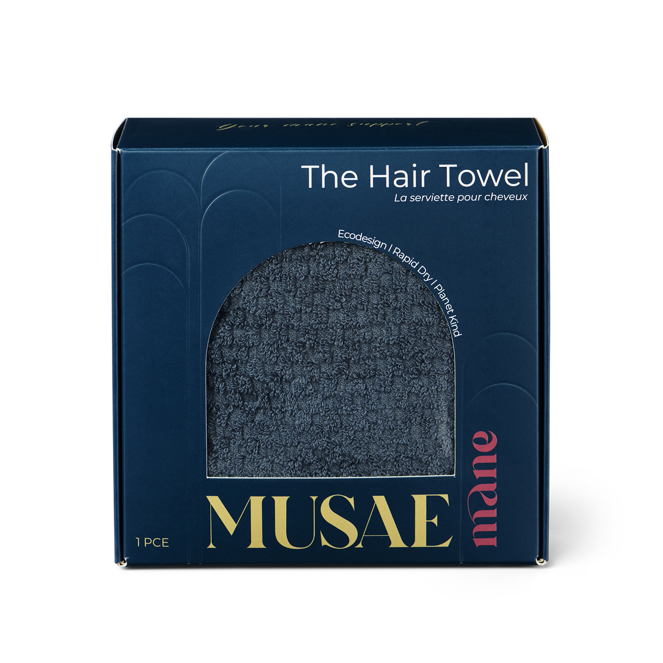 MUSAE Mane hair towel packaging on a white background