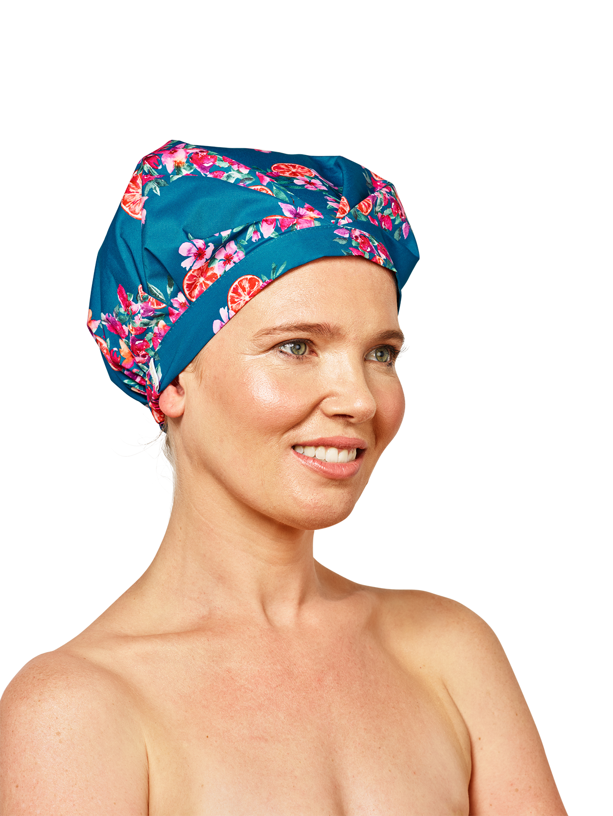 woman wearing blue musae mane shower cap in floral amalfi print on a white background