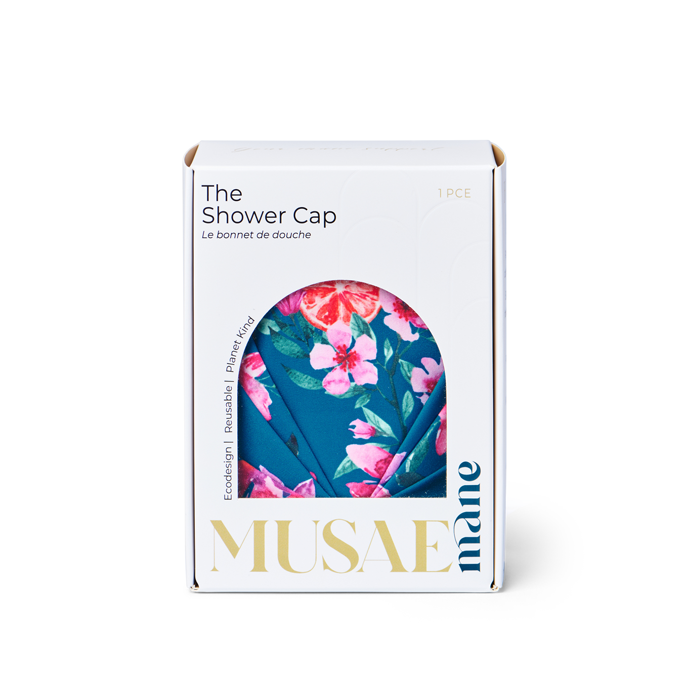 muase mane shower cap amalfi print boxed on a white background