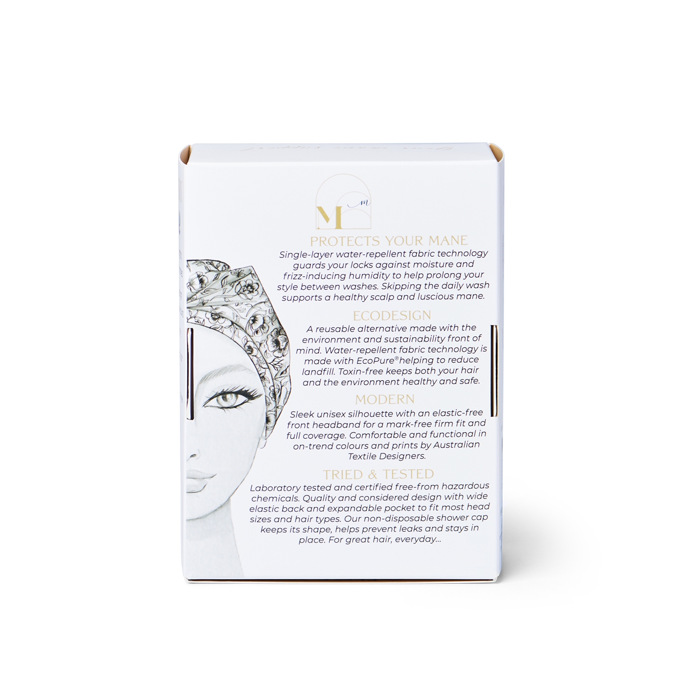 Back of product packaging for Musae Mane Shower Cap