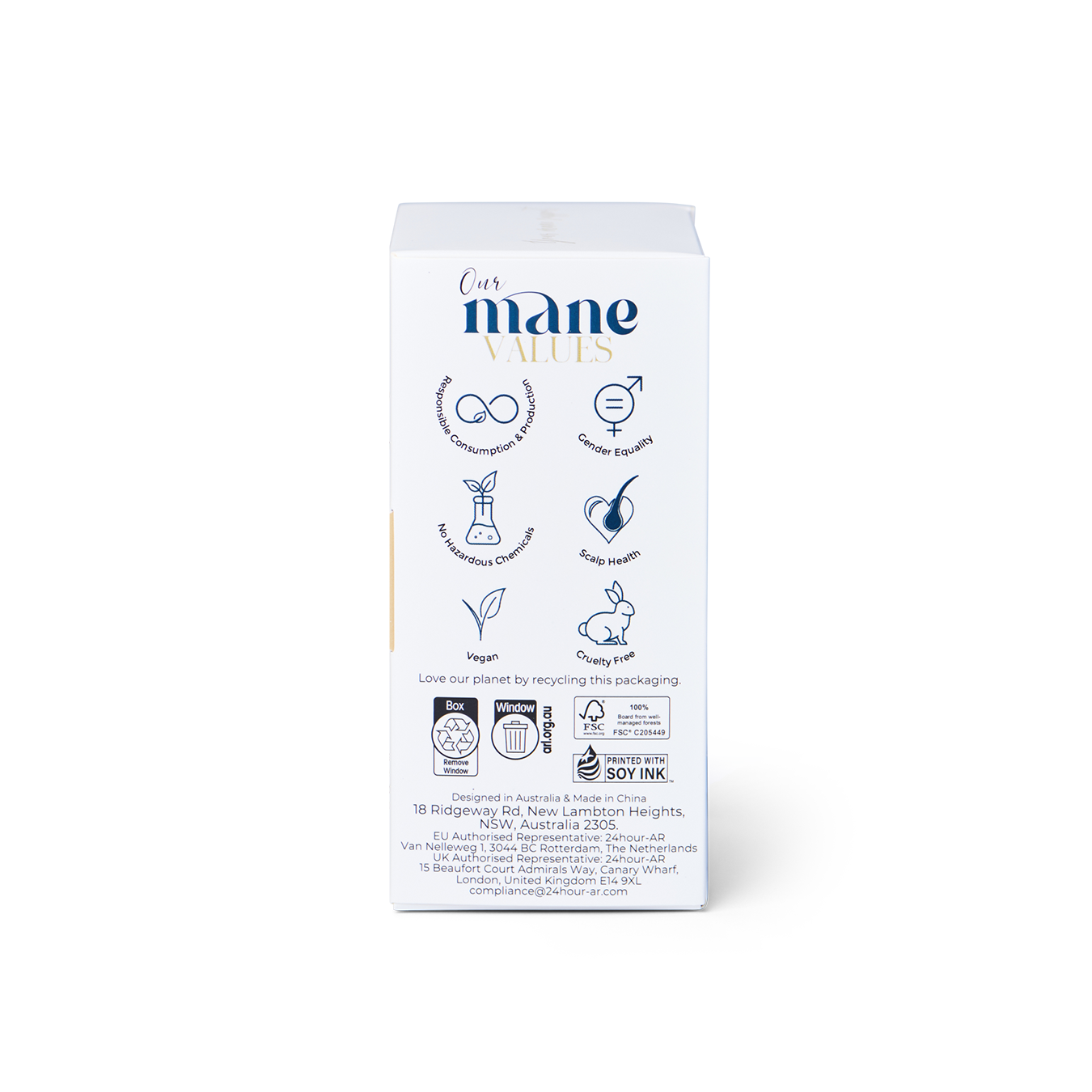 Musae Mane packaging, left side with branding and sustainability information on a white background
