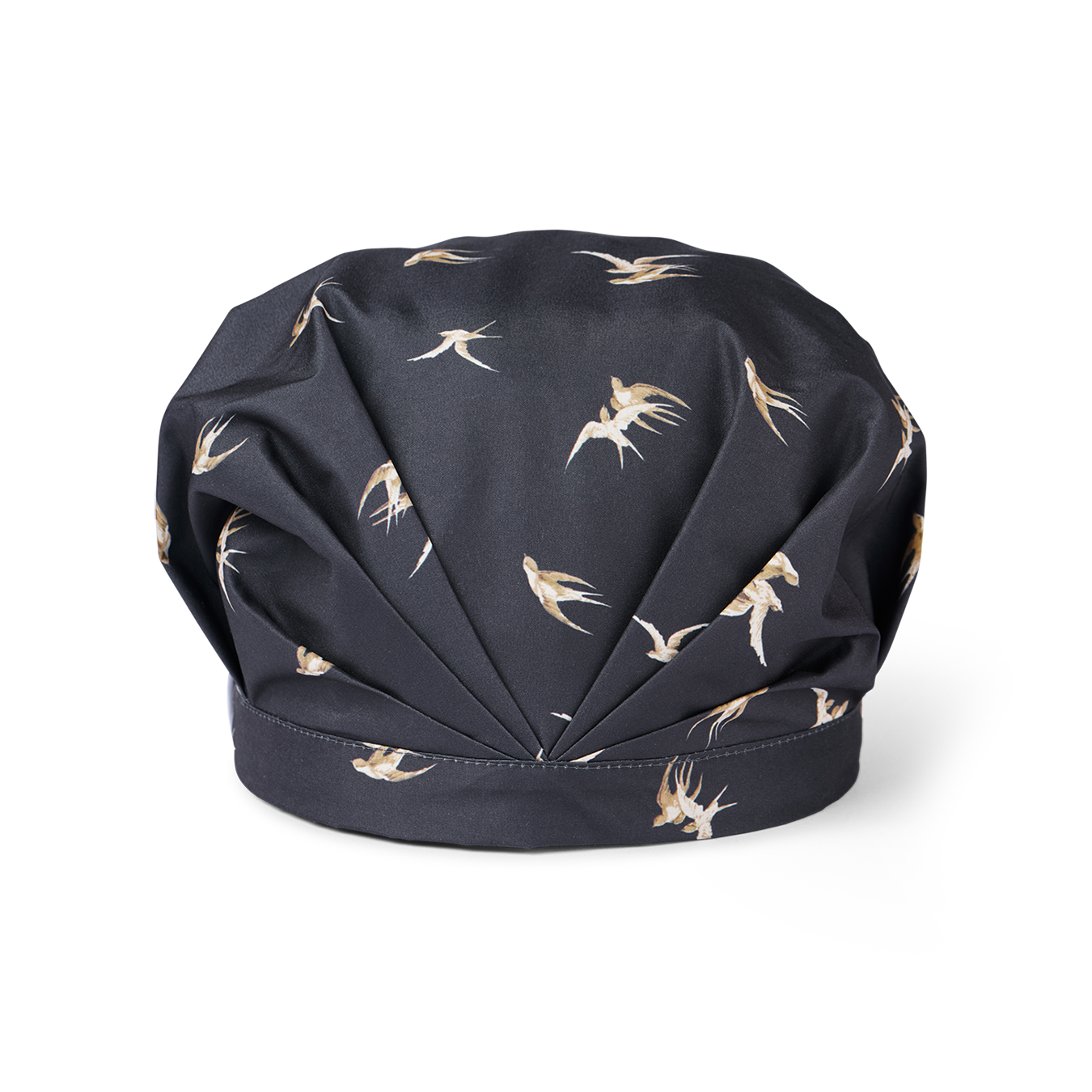 Musae mane shower cap in songbird- a  bird pattern on a black background