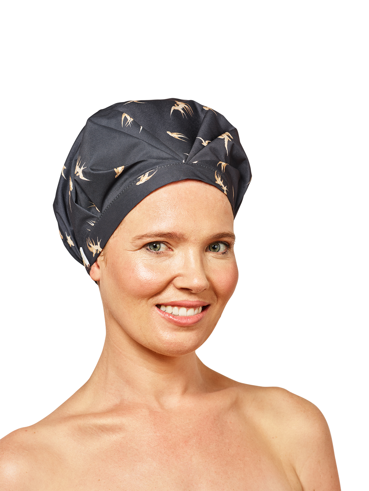 model looking to the right wearing musae mane shower cap in black songbird print on a white background
