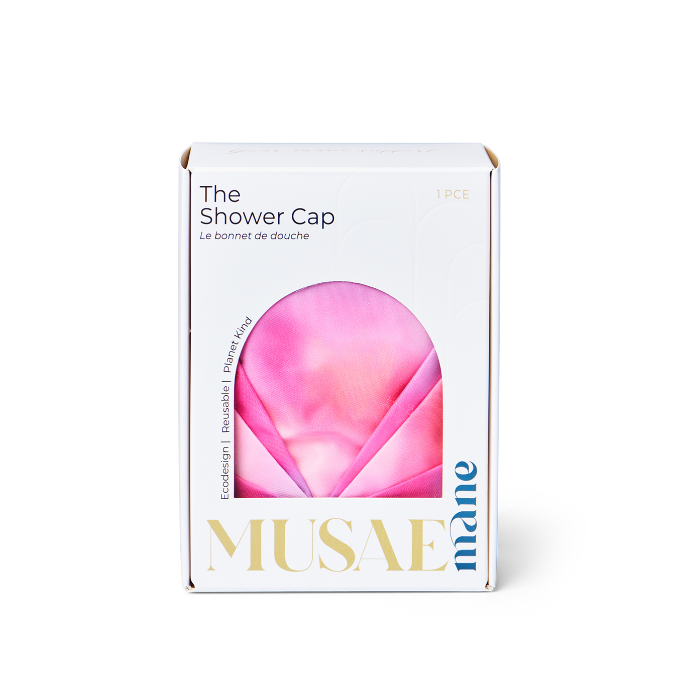 Box of Musae Mane shower cap in sunset print on a white background