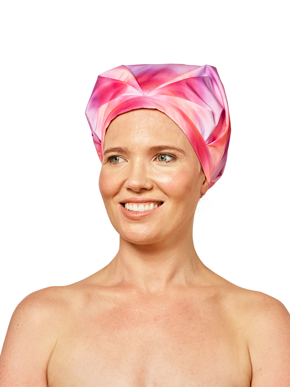 model looking to the left wearing musae mane shower cap in sunset print on a white background