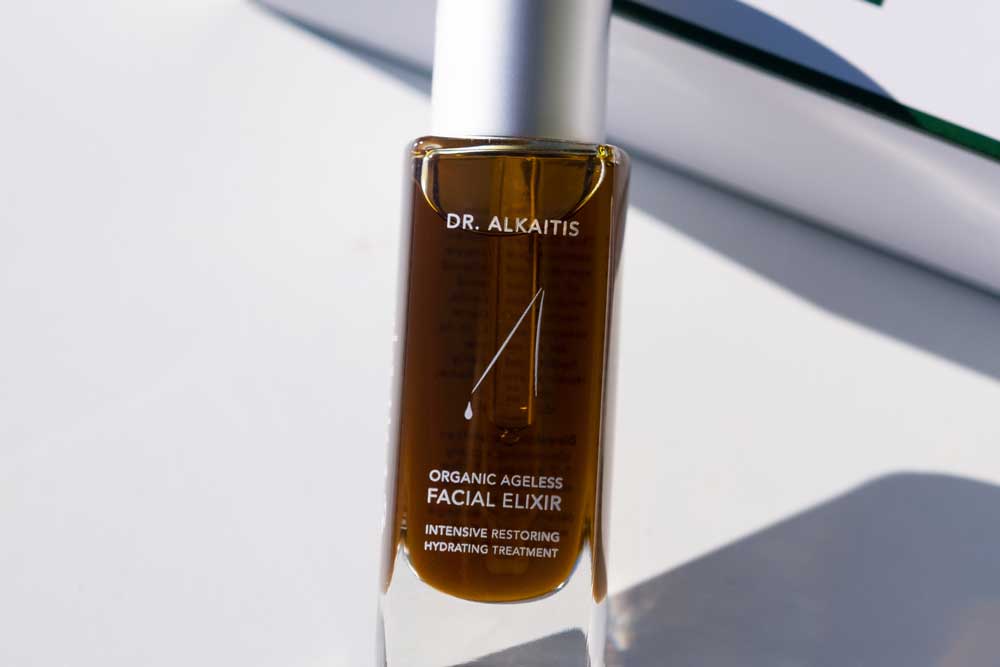A bottle of the Dr Alkaitis Organic Facial Elixir