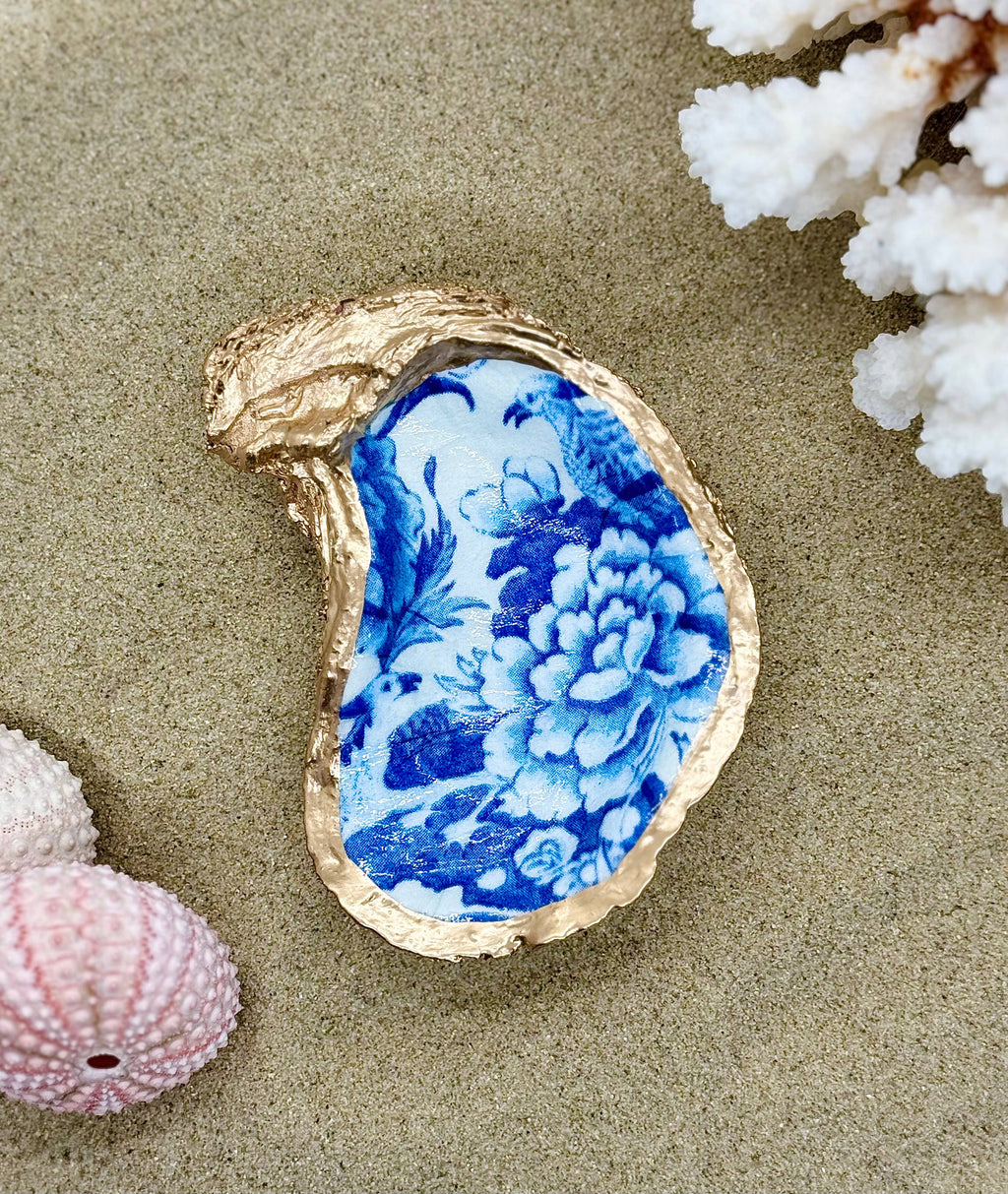 ALISON BROOKE DESIGNS Blue Flowers Oyster Trinket Tray