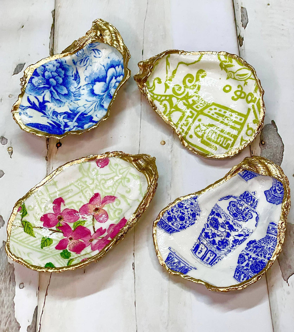 ALISON BROOKE DESIGNS Blue Flowers Oyster Trinket Tray