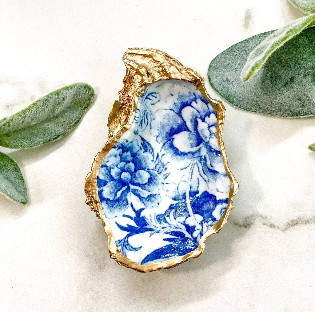 ALISON BROOKE DESIGNS Blue Flowers Oyster Trinket Tray