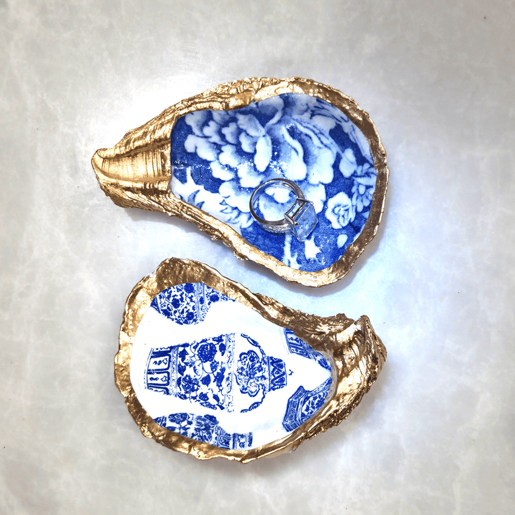 ALISON BROOKE DESIGNS Blue Flowers Oyster Trinket Tray