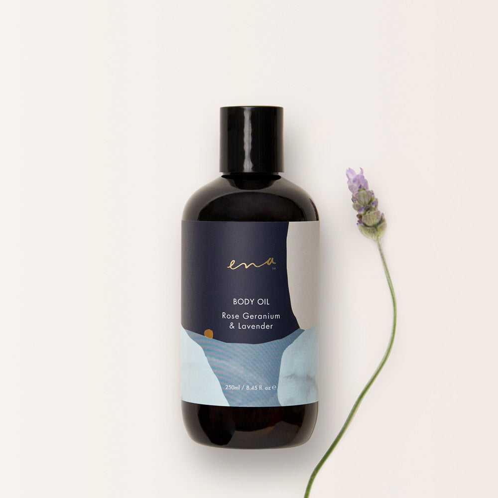 ENA Body Oil Rose Geranium and Lavender Flat layjpg