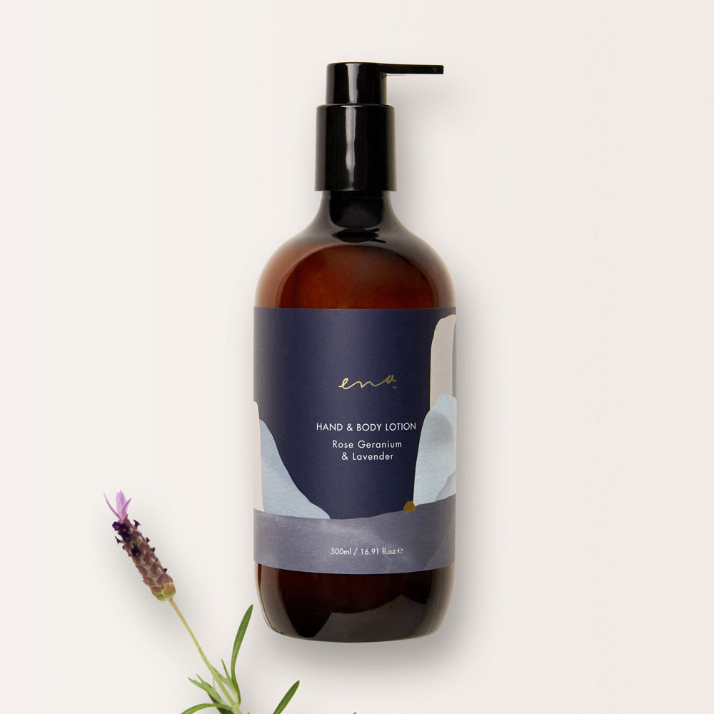 ENA Hand Body Lotion Rose Geranium and Lavender ingredient