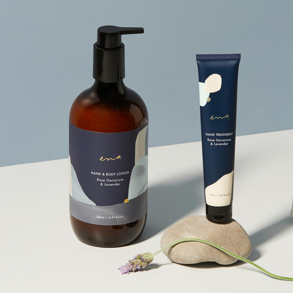 Ena Hand Body Lotion Rose Geranium and Lavender group