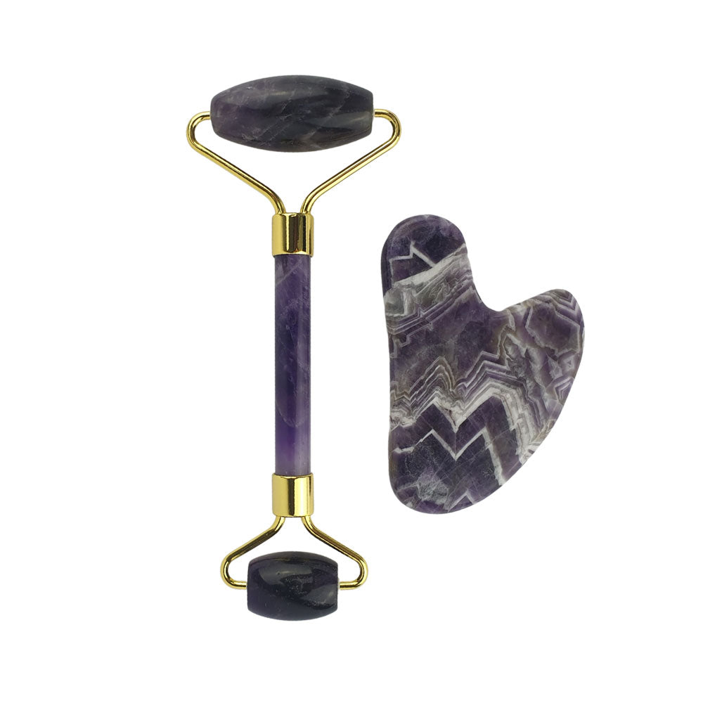 amethyst crystal facial roller and gua sha facial massage set