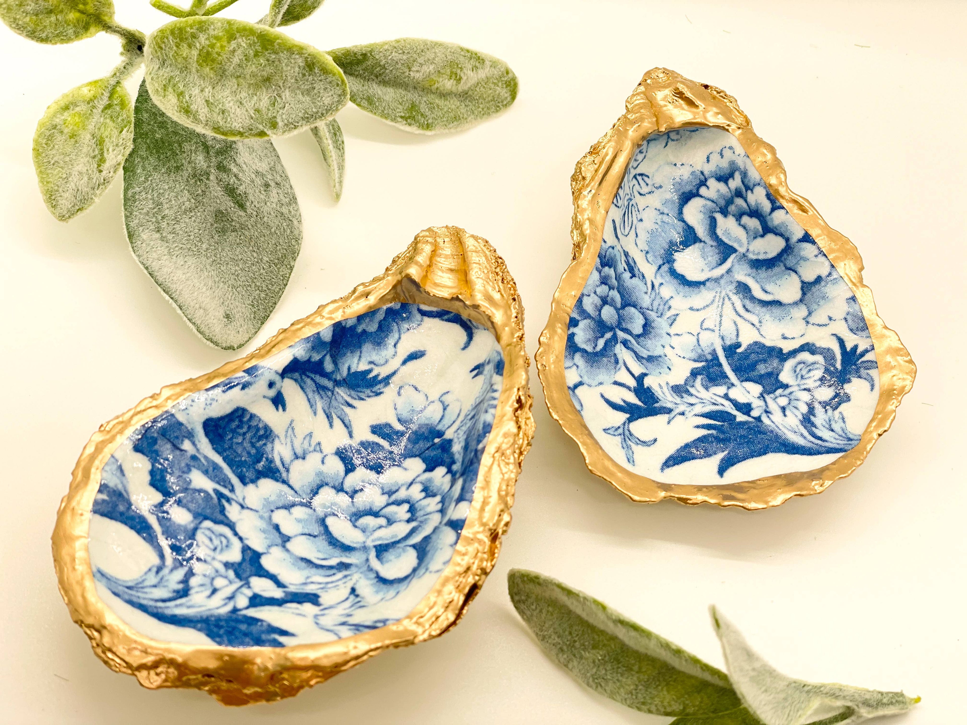 ALISON BROOKE DESIGNS Blue Flowers Oyster Trinket Tray