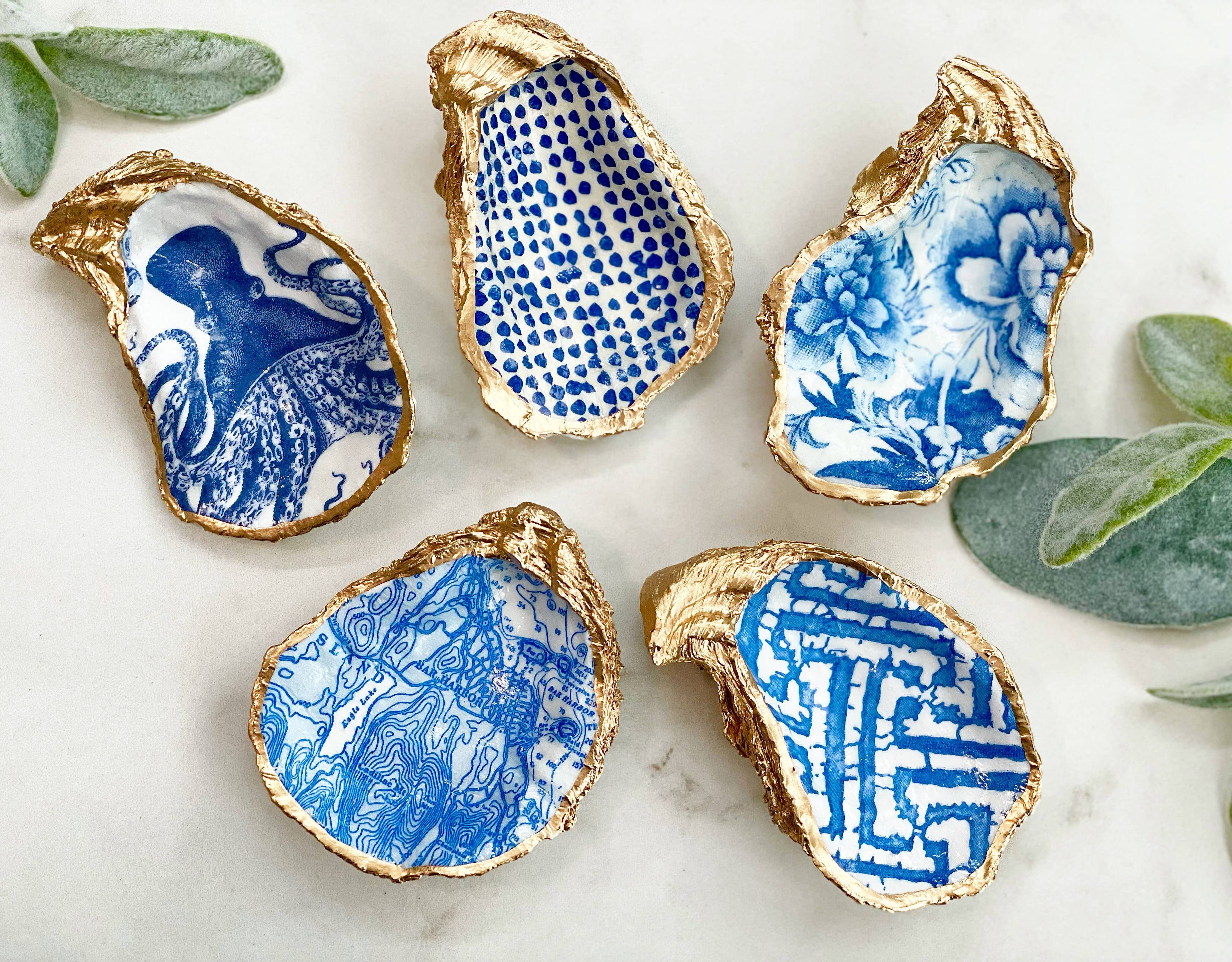 ALISON BROOKE DESIGNS Blue Flowers Oyster Trinket Tray