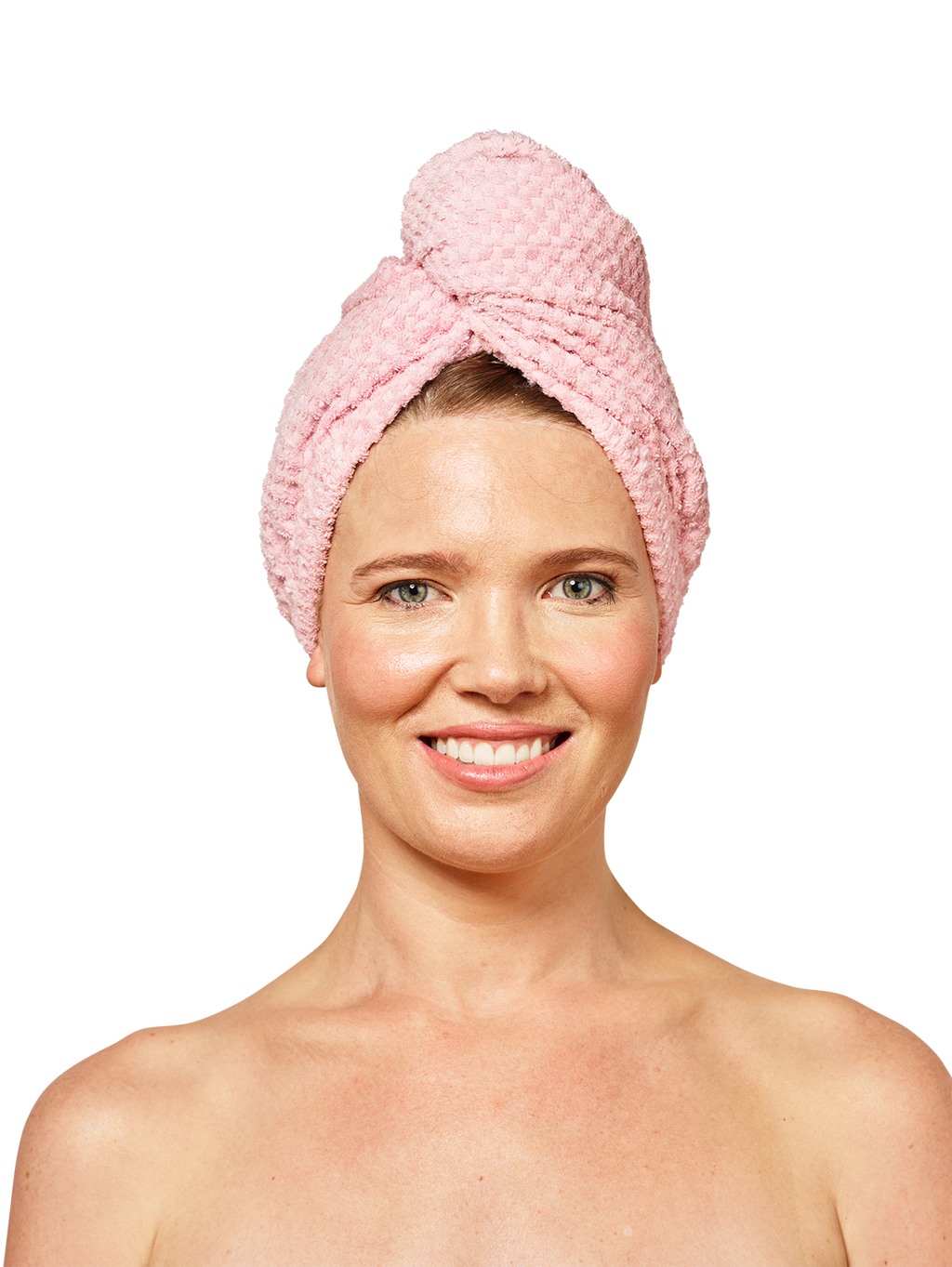 Woman wearing Musae Mane hair towel in pink parfait on a white background. 