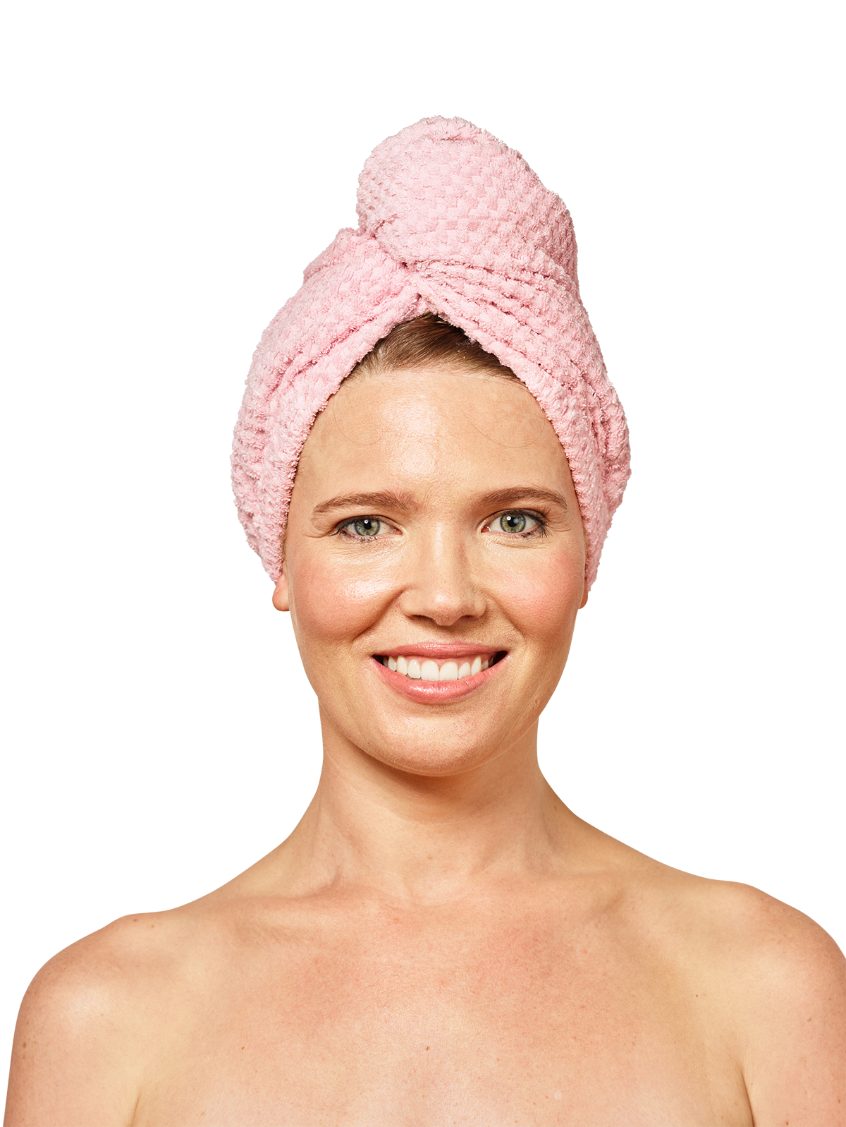 Woman wearing Musae Mane hair towel in pink parfait on a white background. 