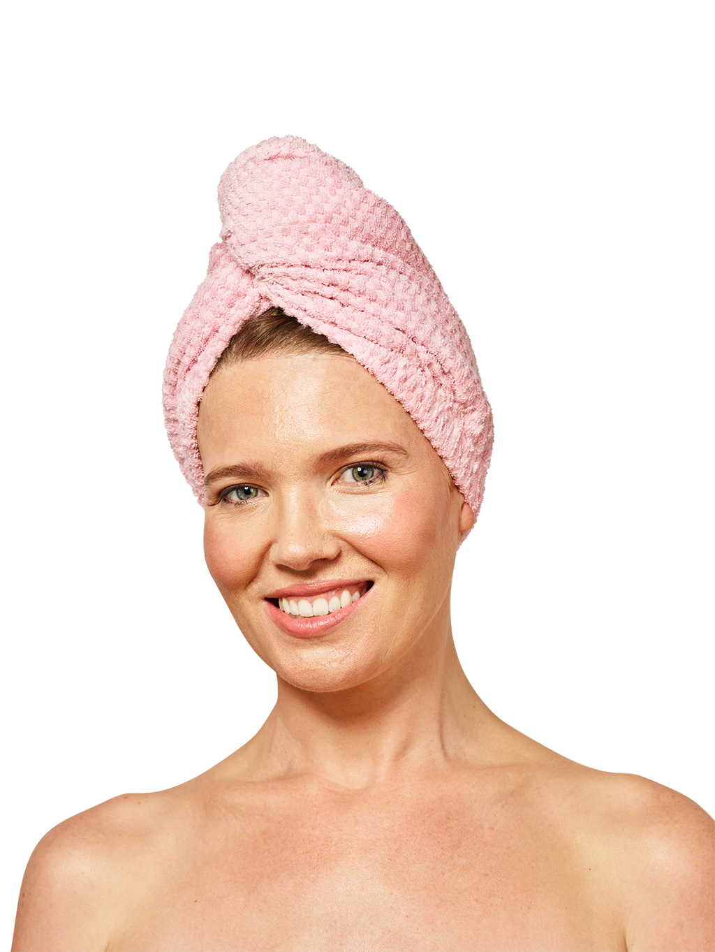 Woman wearing Musae Mane hair towel in pink parfait on a white background. 