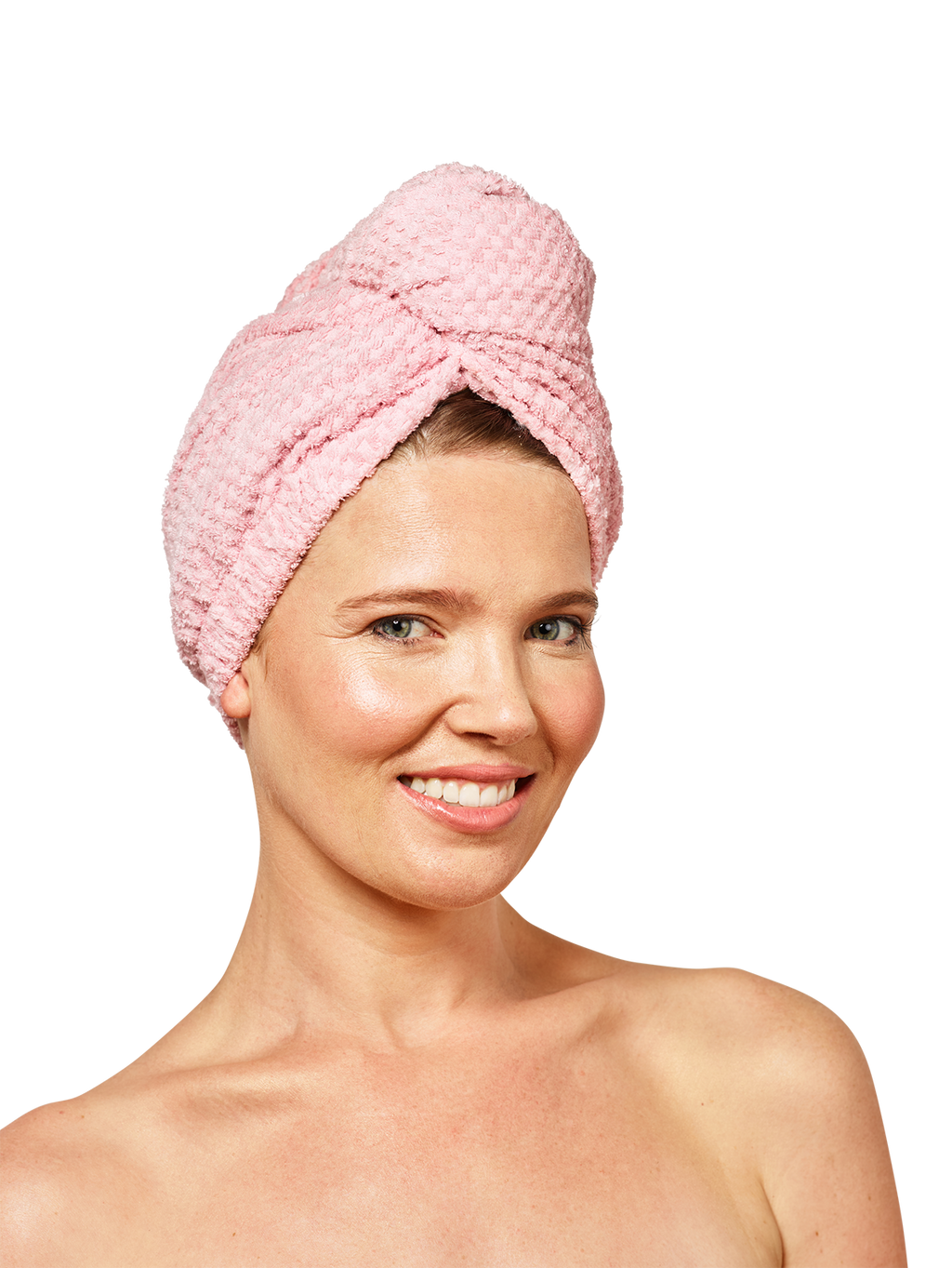 Woman wearing Musae Mane hair towel in pink parfait on a white background. 