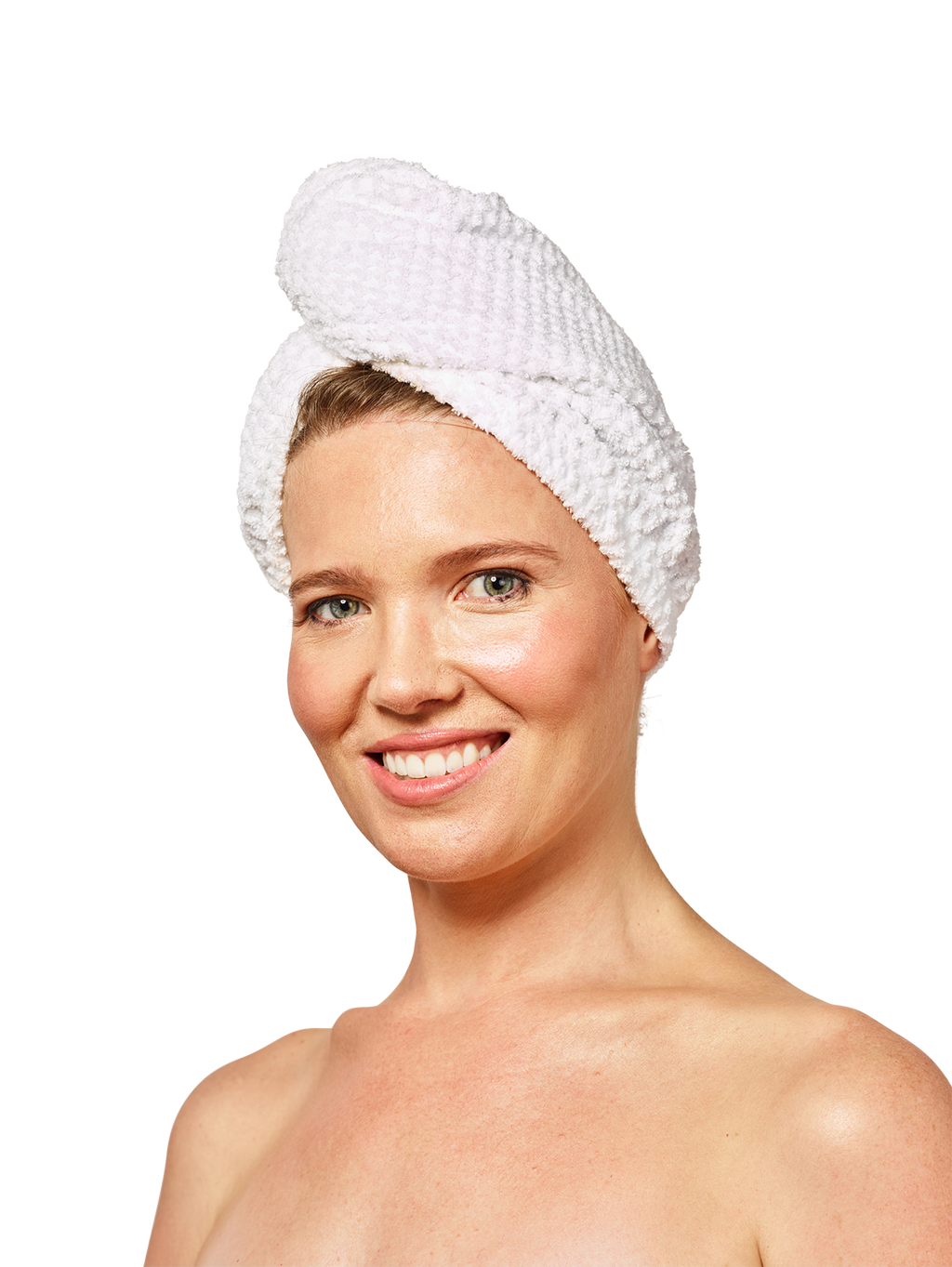 Woman wearing Musae Mane hair towel in textured pure white on a white background. 
