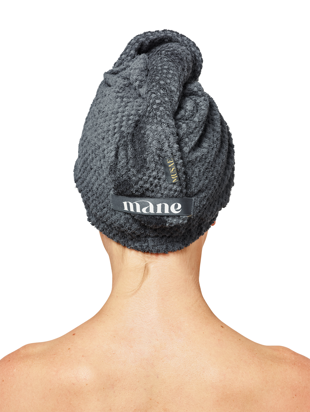 Back of a persons head with a Musae mane hair towel wrap in Stormy Weather grey on a white background