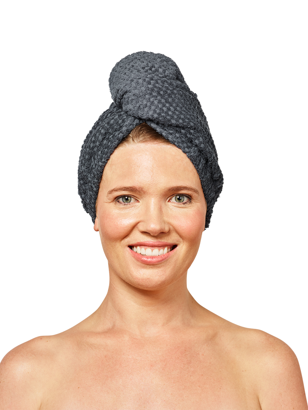 Woman wearing Musae Mane hair towel in grey stormy weather on a white background. 