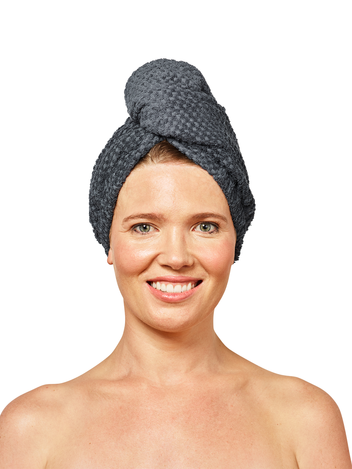 Woman wearing Musae Mane hair towel in grey stormy weather on a white background. 