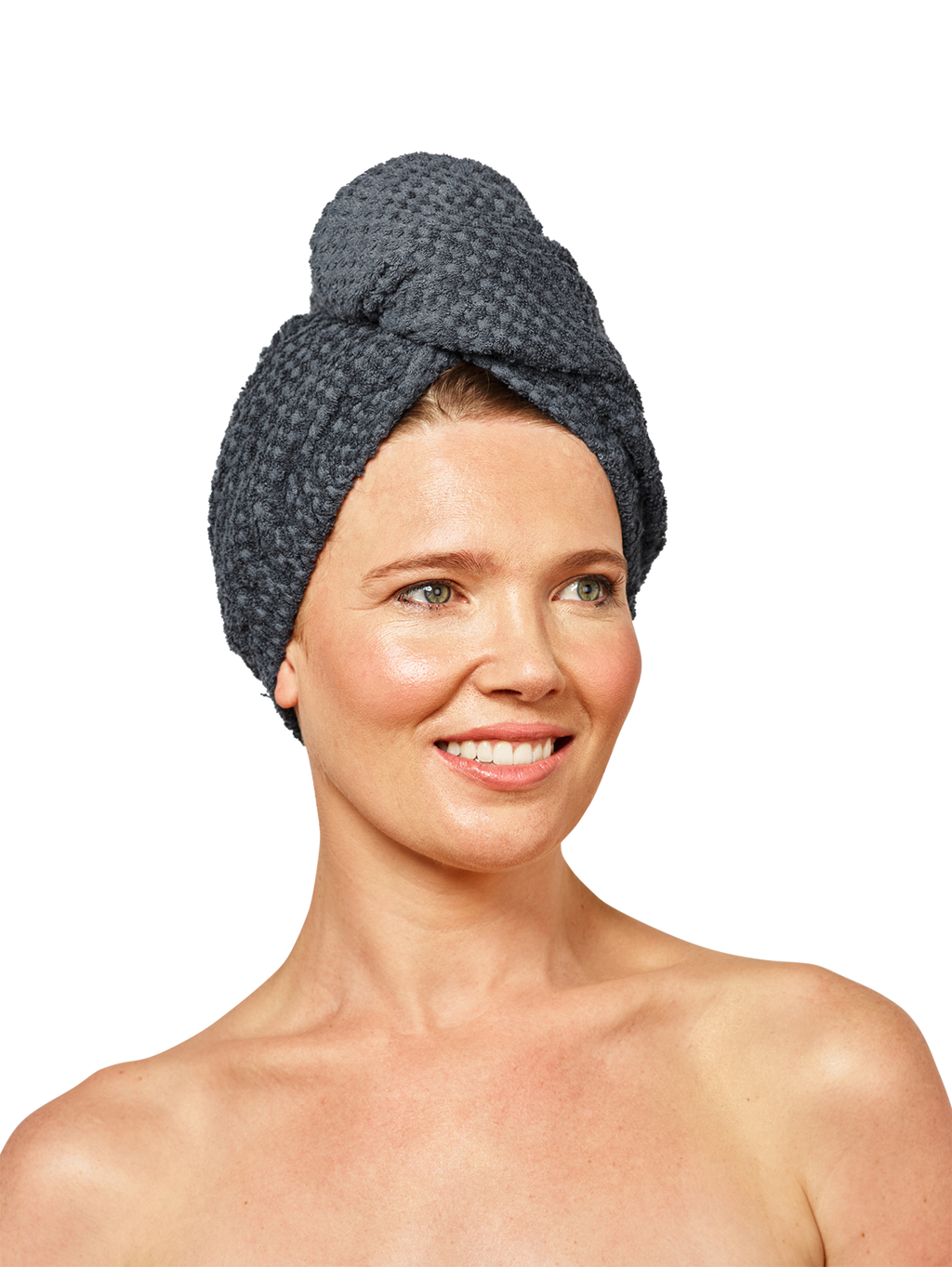 Woman wearing Musae Mane hair towel in grey stormy weather on a white background. 