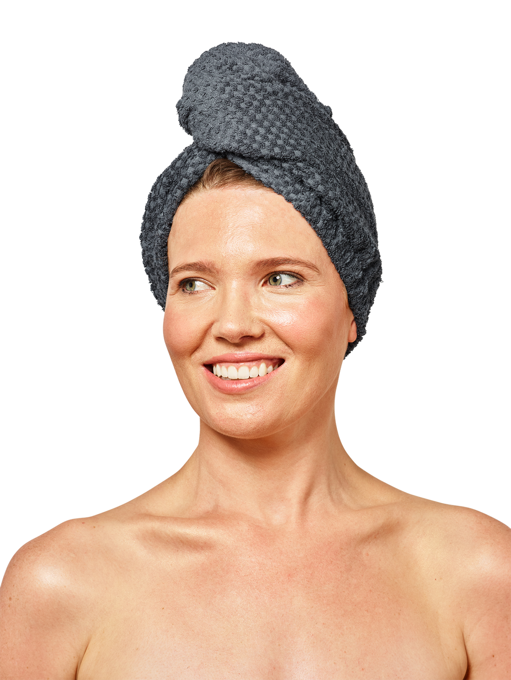 Woman wearing Musae Mane hair towel in grey stormy weather on a white background. 