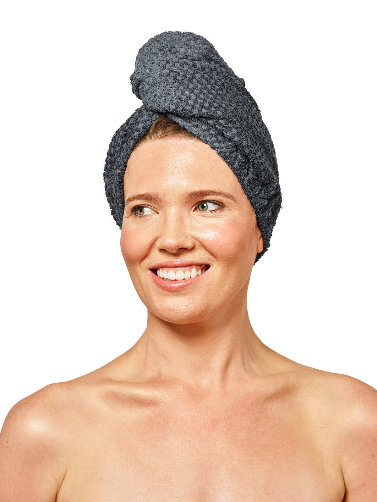 Woman wearing Musae Mane hair towel in grey stormy weather on a white background. 