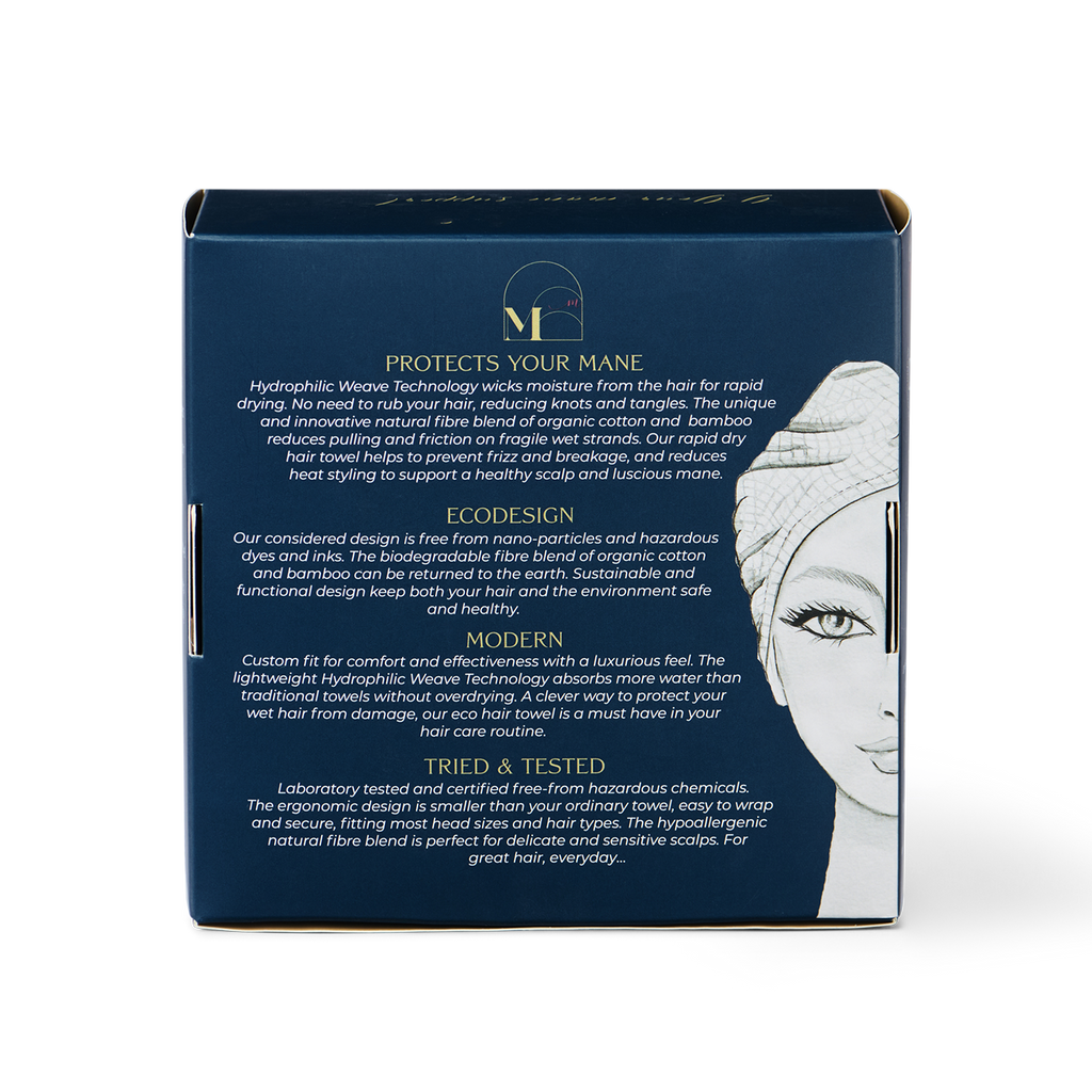 musae mane hair towel back of product packaging on a white background