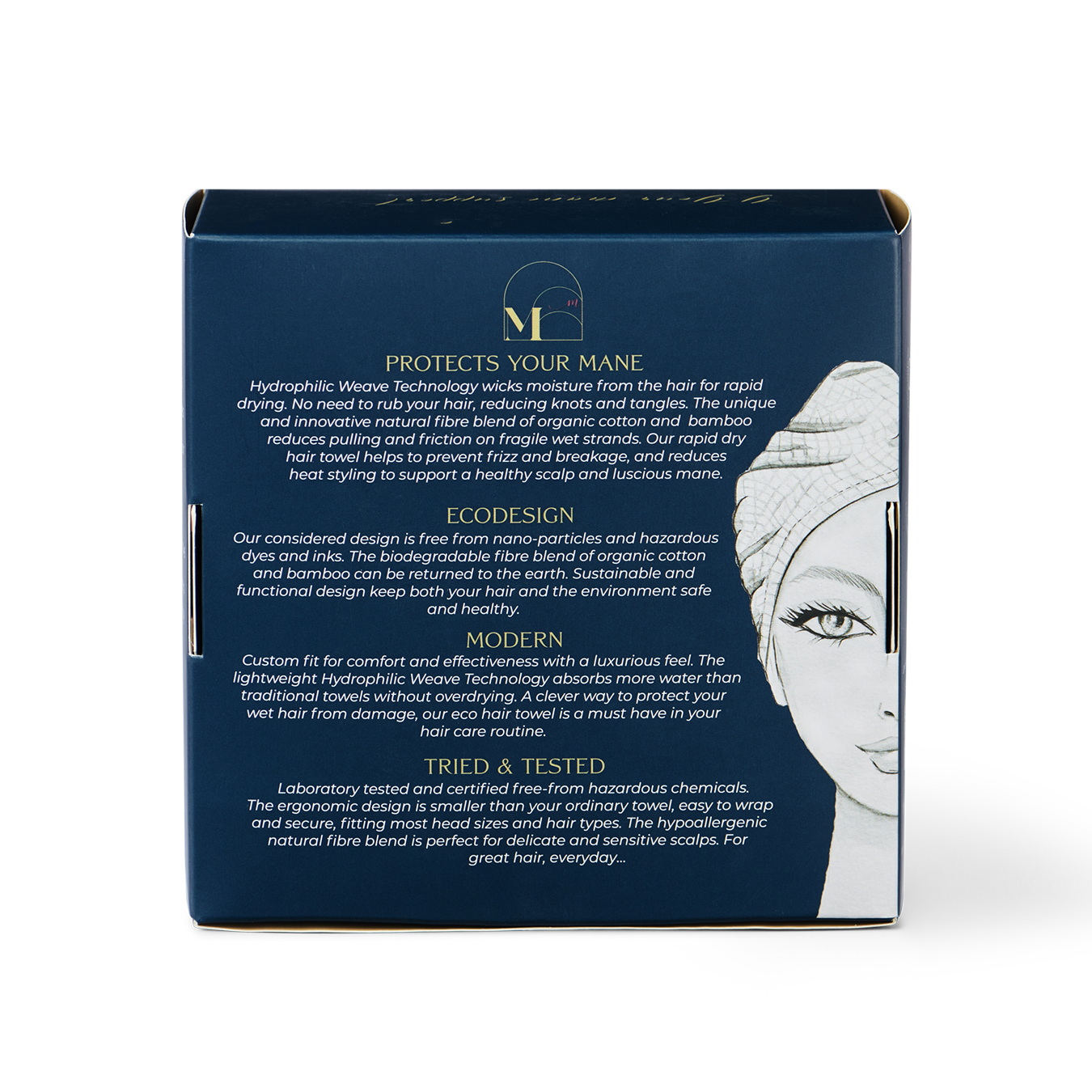 musae mane hair towel back of product packaging on a white background