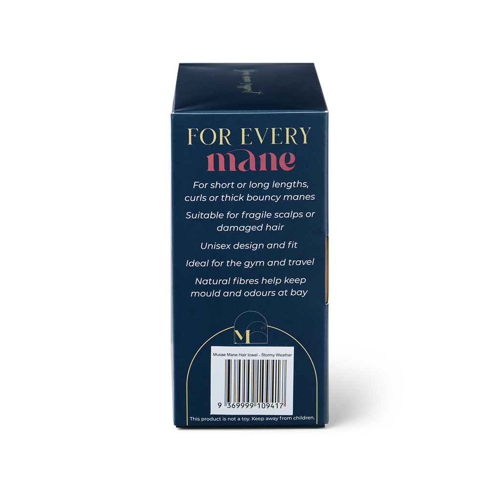 Musae Mane hair towel product packaging, right side with benefits and barcode on a white background