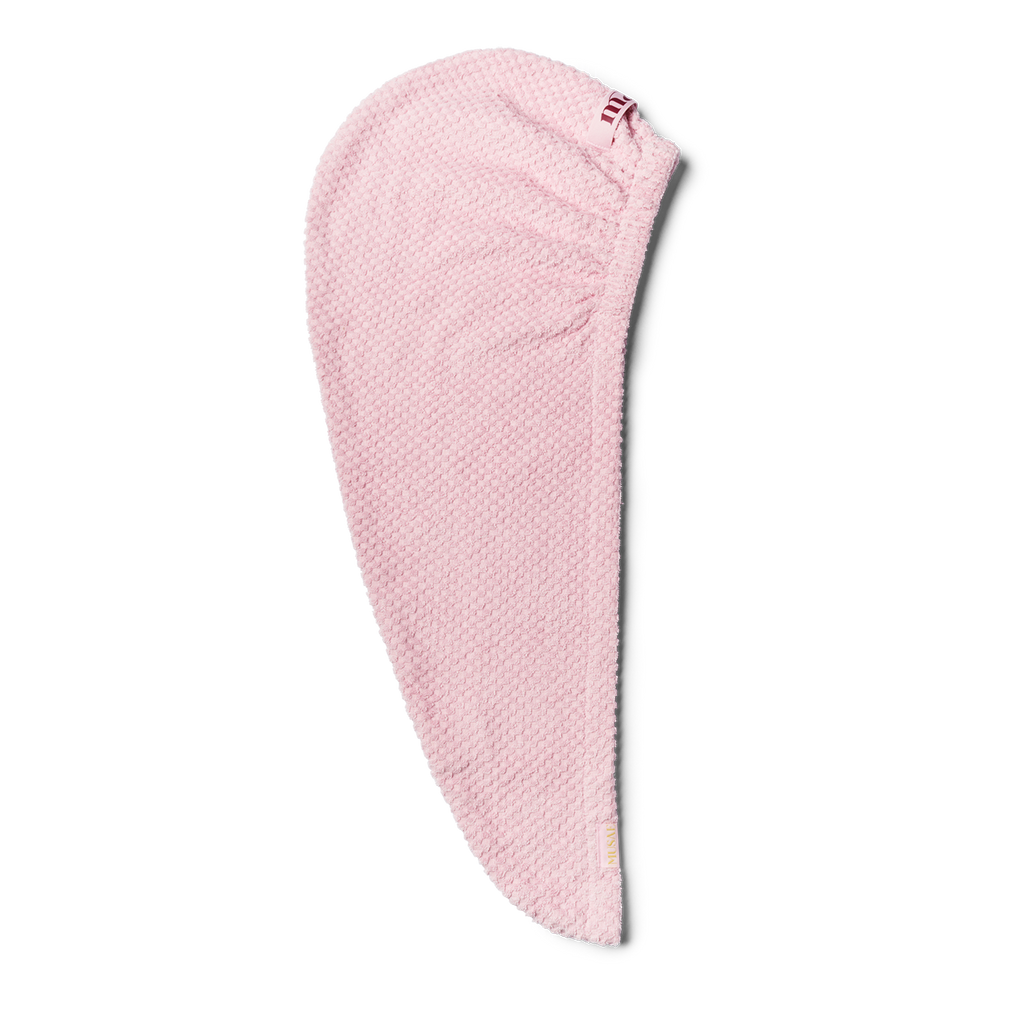 musae mane hair towel in pink parfait laying flat lay on a white background
