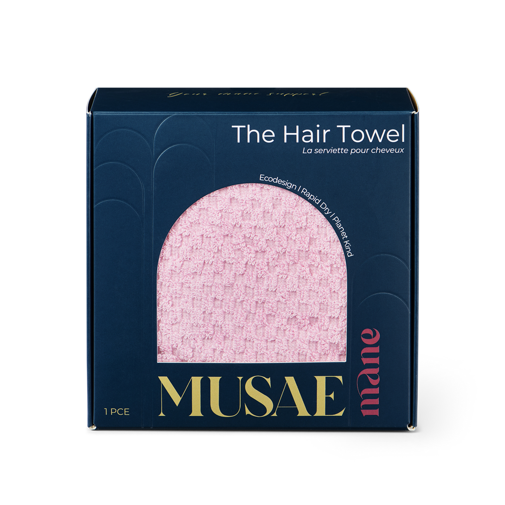 Pink hair towel in a MUSAE Mane branded box on a white background