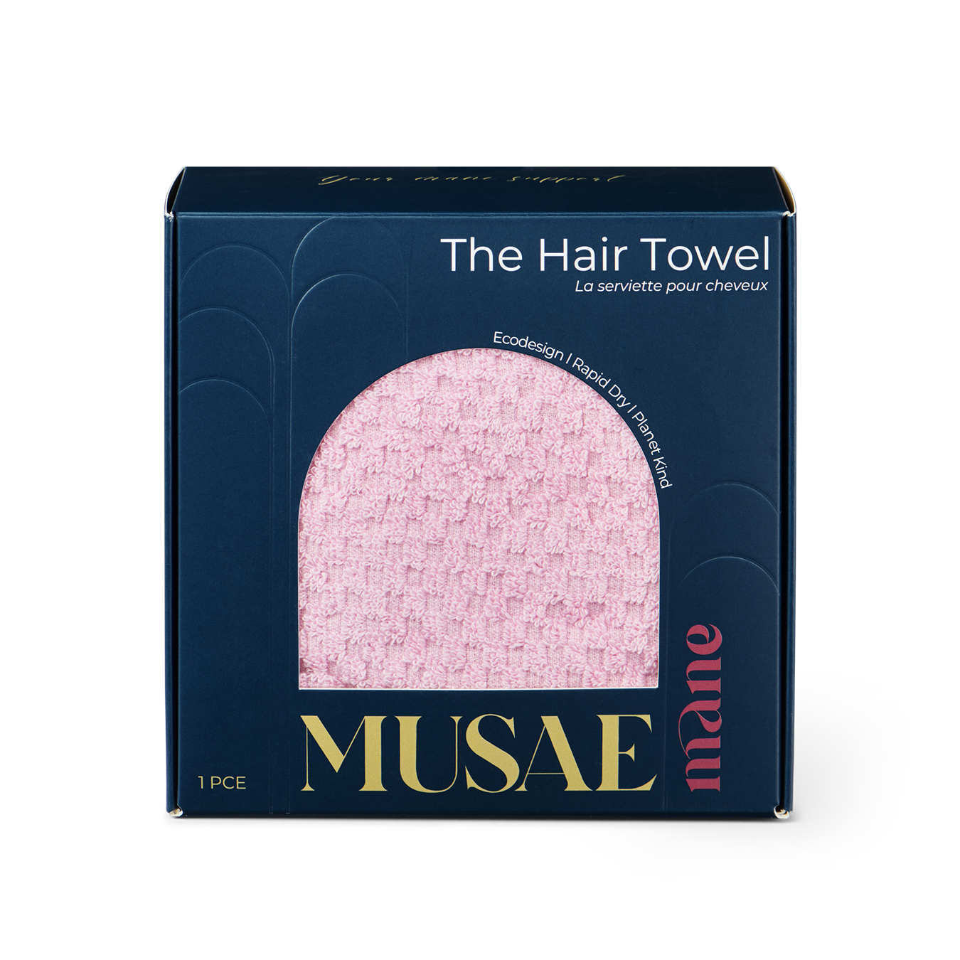 Pink hair towel in a MUSAE Mane branded box on a white background