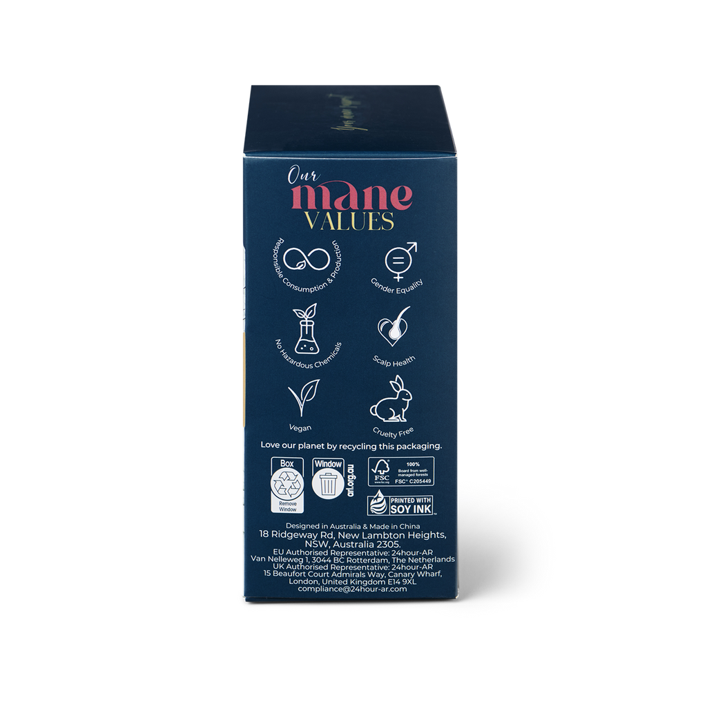 Musae Mane Hair Towel packaging with 'Our Mane Values' branding and sustainability icons on a white background