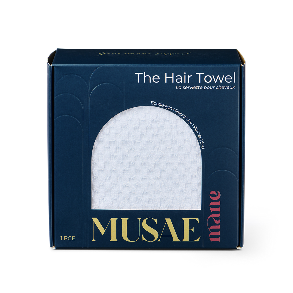 MUSAE Mane hair towel packaging with a white towel inside on a white background
