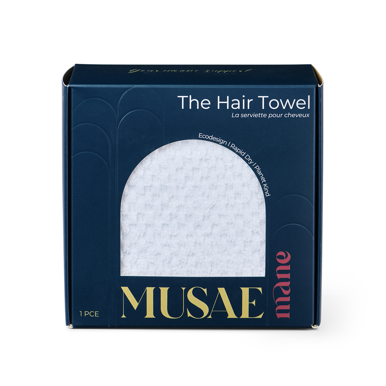 MUSAE Mane hair towel packaging with a white towel inside on a white background