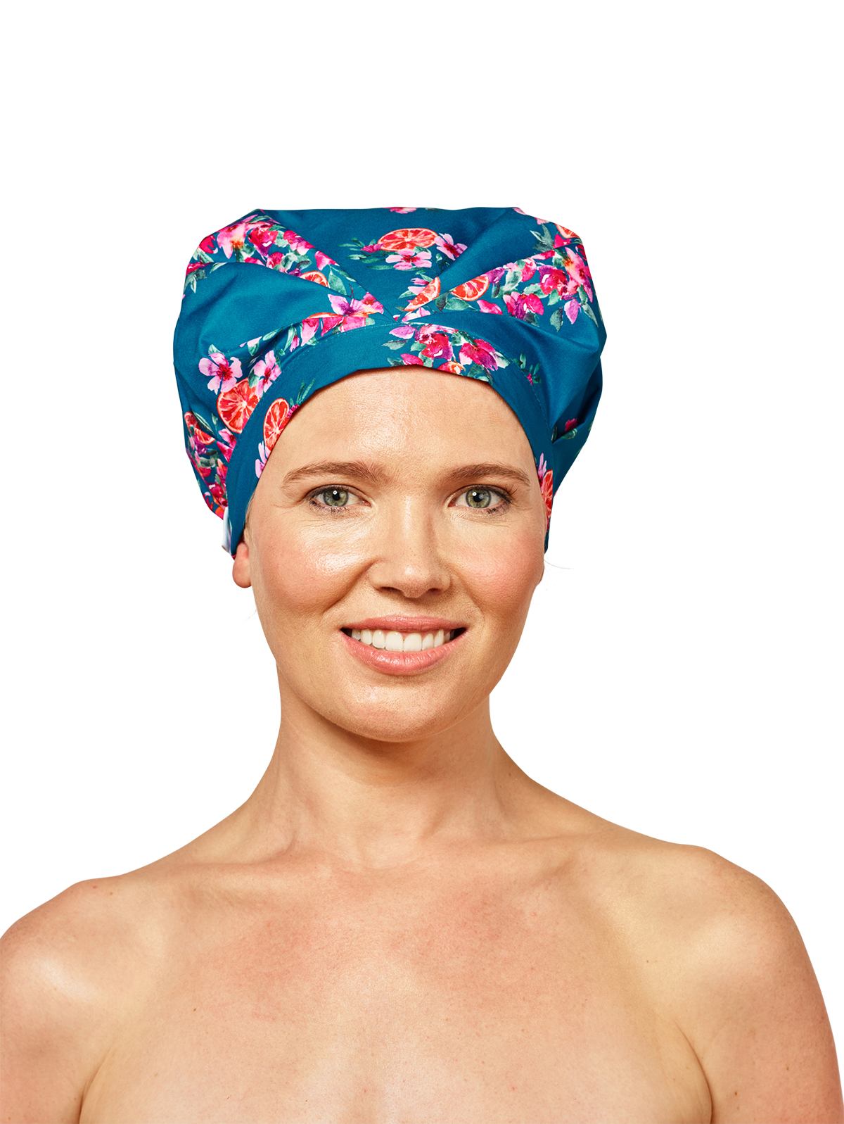 woman wearing blue musae mane shower cap in floral amalfi print on a white background