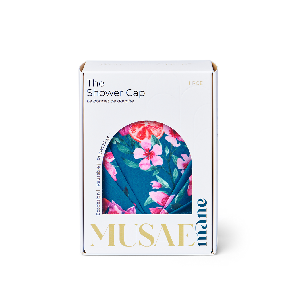 muase mane shower cap amalfi print boxed on a white background